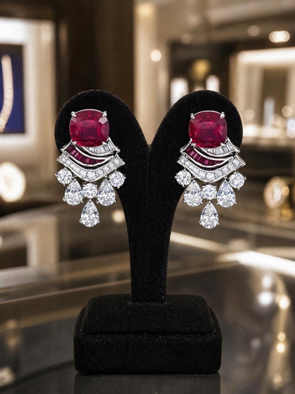 Luxurious Red Stone Drop Earrings with Clear Crystal Accents